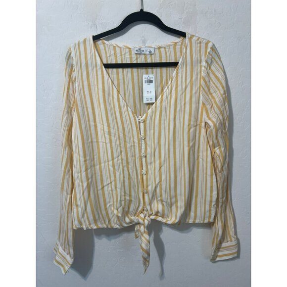 NWT Hollister Sz L Button Up Blouse Tie Waist Detail Yellow White Stripes - Picture 2 of 7